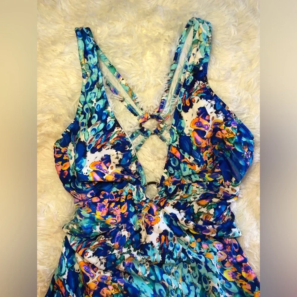 VENUS Blue and Orange One Piece Swimsuit with Plunging V-neckline